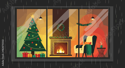 Cozy holiday scene with festive decorations and warm fireplace glow in rainy day