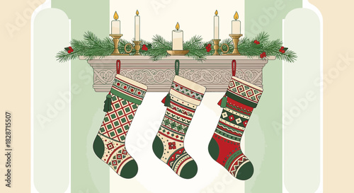 Cozy holiday fireplace scene with decorative stockings and elegant candlelight design