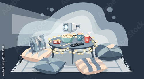 Cozy indoor movie night setup with projector, popcorn, drinks, and floor cushions for comfortable