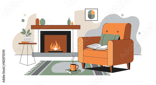 Cozy indoor scene with fireplace armchair reading and warm drink for relaxation