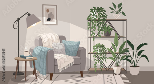 Cozy indoor reading nook with armchair, plants, lamp, book and coffee cup illustration