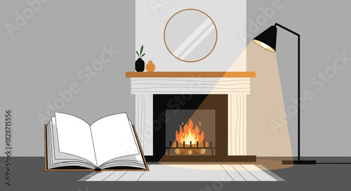 Cozy indoor scene with fireplace, book, lamp, and minimalist decor creating a sense of warmth and