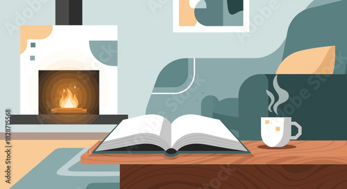 Cozy interior scene with fireplace book and hot drink conveying relaxation and comfort