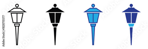 Collection of four stylized lamppost icons in various designs, including line art, silhouette, and color variations, on white background