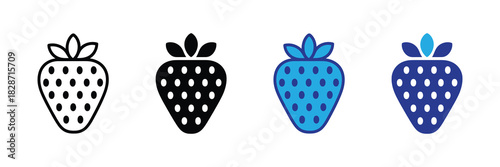 Set of stylized strawberry icons in outline, solid black, and blue variations, isolated on white background for easy integration into design projects.
