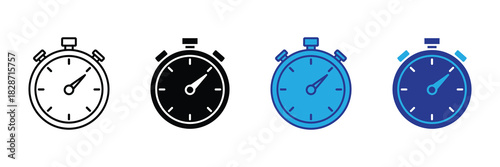 Collection of stopwatch icons: outline, solid black, light blue, and dark blue variations representing time, speed, and measurement.