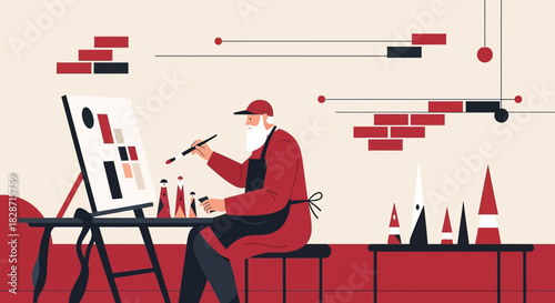 Creative rendition of a bearded artist painting miniature figures within a vibrant studio space