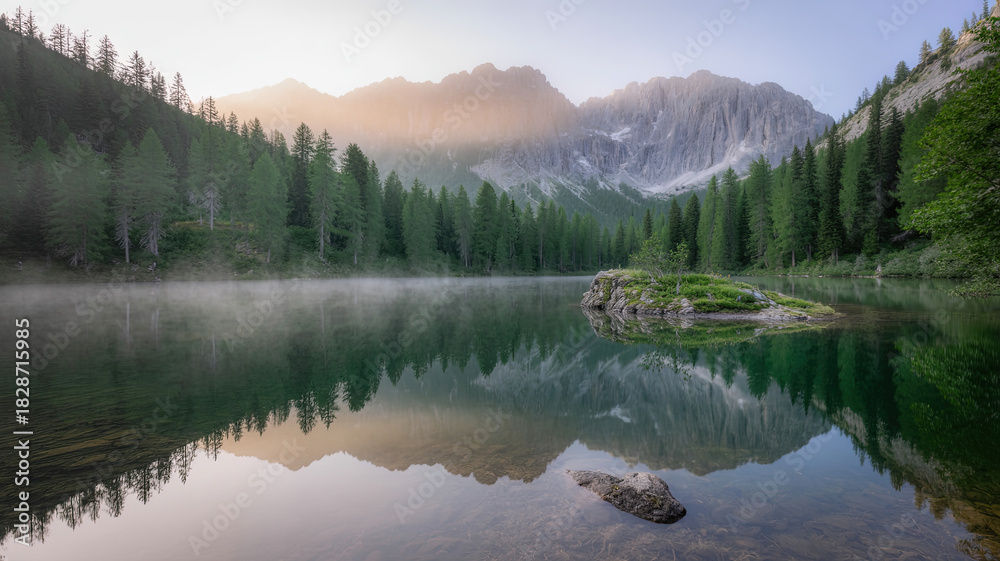 Fototapeta premium Tranquil alpine lake reflecting majestic mountains and pine forest at sunrise
