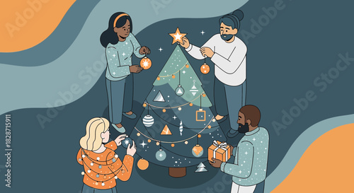 Diverse group decorating christmas tree together, embodying joyful holiday spirit at home sharing
