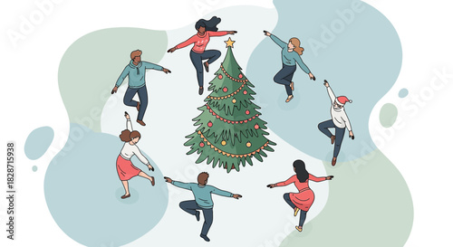 Diverse people celebrating Christmas by dancing around a beautifully decorated tree creates joyful