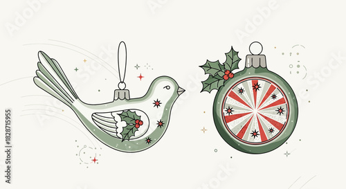 Elegant Christmas Ornaments Featuring a Bird and a Globe with Holly Embellishments on White