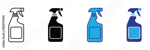 Four variations of cleaning spray bottle icons, including outline, solid black, blue, and dark blue with blue label, isolated on white