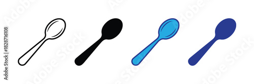Four different spoon icons and silhouettes, isolated on white background, representing cutlery and kitchenware.