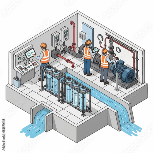 Water treatment plant operation with workers and equipment.