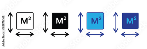 Set of four icons representing square meters, indicating dimensions and area measurements, with variations in color and style for design flexibility and clarity.