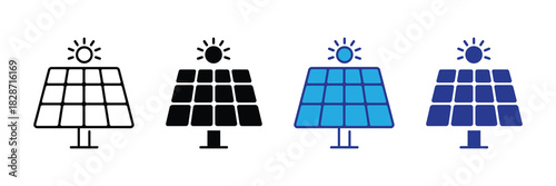 Set of stylized solar panel icons representing clean energy generation from sunlight, showcasing different design variations for diverse applications and visual needs.