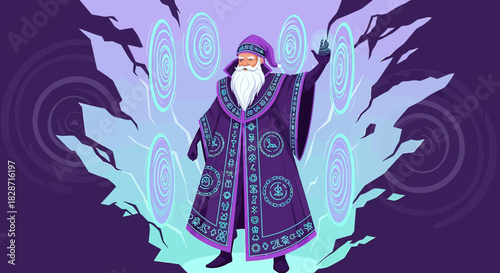 Enchanting sorcerer casting a mystical spell in a fantasy landscape amidst swirling energy