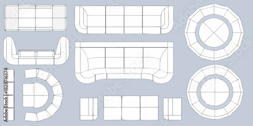 Collection of sectional sofa and modular furniture designs presented as line drawings from various perspectives