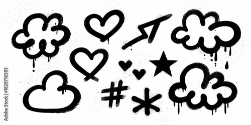 Collection of hand drawn black graffiti style icons including clouds hearts star arrow hashtag and asterisk