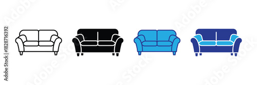 Collection of sofa icons in outline, solid black, bright blue, and dark blue variations, isolated on white.
