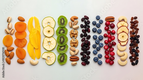 Fototapeta Naklejka Na Ścianę i Meble -  Nutrient-rich, vibrant dried fruits and nuts arranged healthily