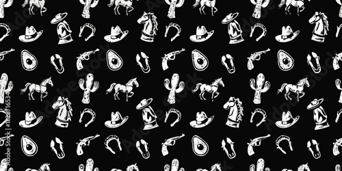 Whimsical western pattern featuring horses cacti cowboy hats and guns on black background