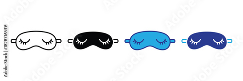 Set of four sleep mask icons in black, white, blue, and dark blue representing rest, relaxation, and sleep aids.