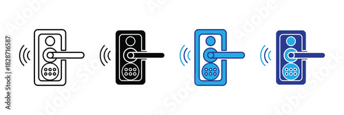 Smart lock icons showing wireless entry systems with keypads, handles, and signal waves on a clean background for technology themes.