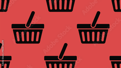 Seamless shopping basket pattern on red background for branding, wallpaper, textile, and fabric designs promoting retail and e-commerce solutions