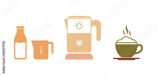 A colorful icon representing an automatic cappuccino maker, a handy kitchen gadget. This is all about how to whip up coffee with milk foam right at home. Think cup, bottle, jug. vector illustration