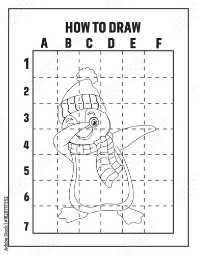 Stepbystep grid drawing guide for cartoon penguin