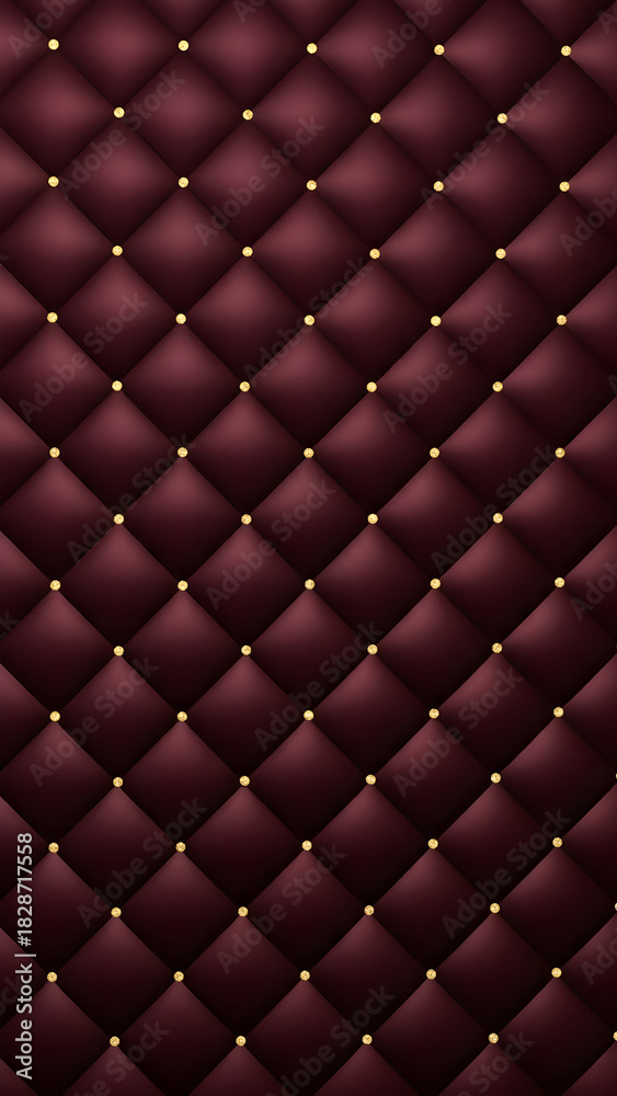Obraz premium A textured background featuring a dark red, quilted pattern with small, gold-colored buttons or studs at each intersection.