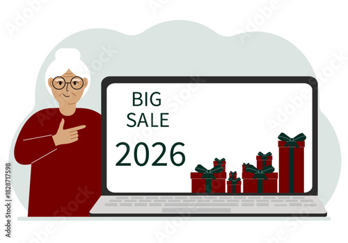 A woman next to a large laptop, on his screen the text of big sales and a lot of gift boxes. Vector flat illustration