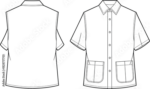 Boys short sleeve shirt, button-up front, flat sketch, fashion CAD, collar, pockets, kidswear shirt, vector template design
