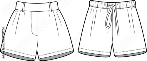 Boys shorts front and back, fashion cad drawing, elastic waistband, drawstring, belt loops, flat sketch, kidswear vector design