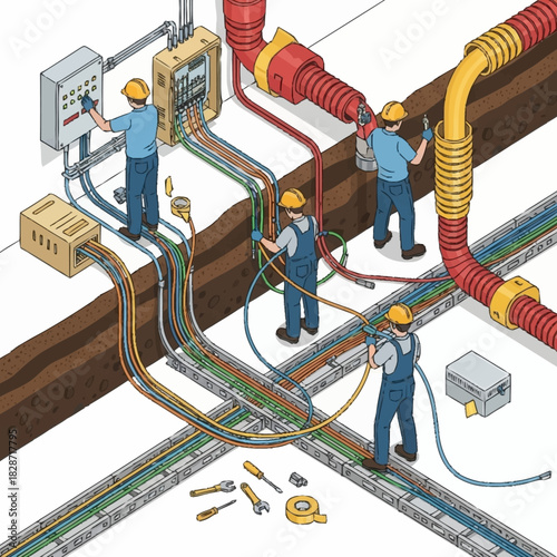 Team of Electricians Installing a Complex Industrial Wiring System.