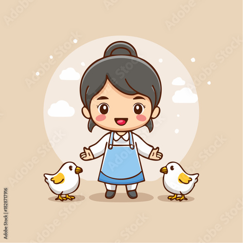 Delightful cartoon illustration of a cheerful young woman wearing an apron, warmly greeting two adorable baby chicks, embodying a sweet and nurturing farm life scene