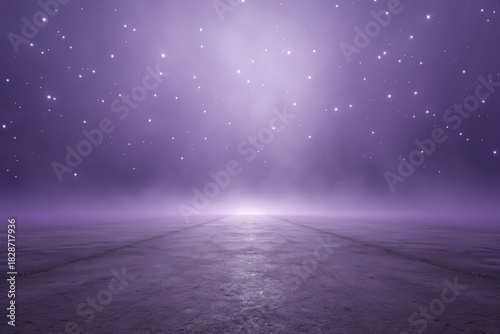 Mystical purple landscape with stars in the sky and concrete ground