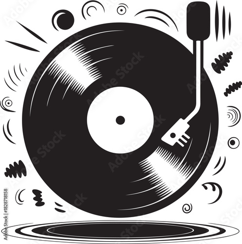 Black and white vinyl record turntable with abstract design elements