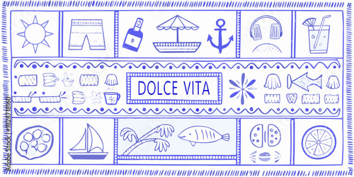 Whimsical hand drawn illustration celebrating dolce vita with summer and beach icons