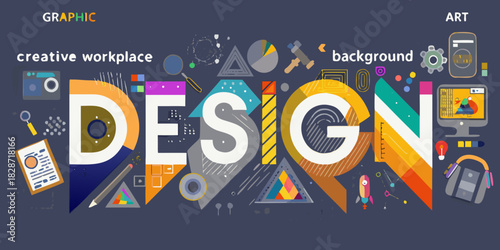 Creative graphic design workplace concept with colorful abstract elements and tools