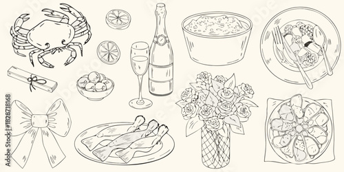 A hand drawn sketch of a celebratory seafood meal with champagne and flowers