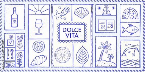 Delightful dolce vita collage featuring italian summer icons and food illustrations