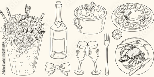 Elegant hand drawn celebration elements featuring flowers champagne food and tableware
