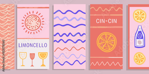 Set of playful abstract illustrations featuring limoncello sun citrus slices and wavy patterns in pastel colors