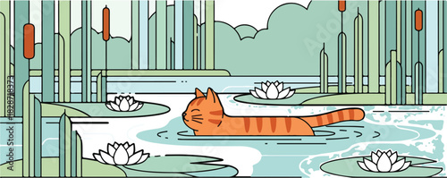 An orange tabby cat floats serenely in a pond surrounded by lily pads and cattails, in a stylized illustration.