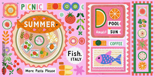 Vibrant italian summer picnic food and lifestyle elements in a playful artistic style