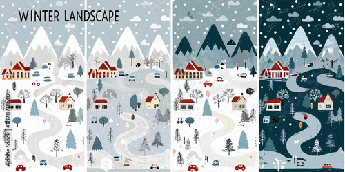 Charming winter village scenes with snowing mountains and winding roads