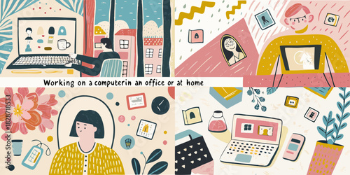 Diverse people working on computers in cozy home and office environments with decorative elements