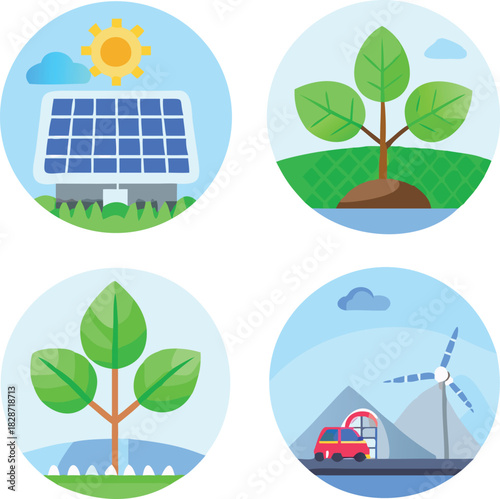 Green ecology icon set features natural plant leaf, tree, and recycle symbols for environmental design and spring growth illustration